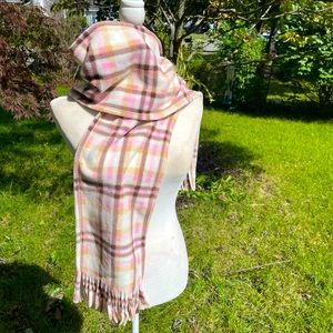 Very Soft Plaid Scarf, Polyester, White, Brown, Tan, Pink; Warm & Beautiful
